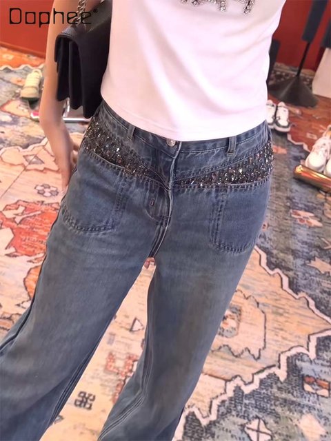 Exquisite Rhinestone Trendy Brand High Waisted Jeans Female 2023